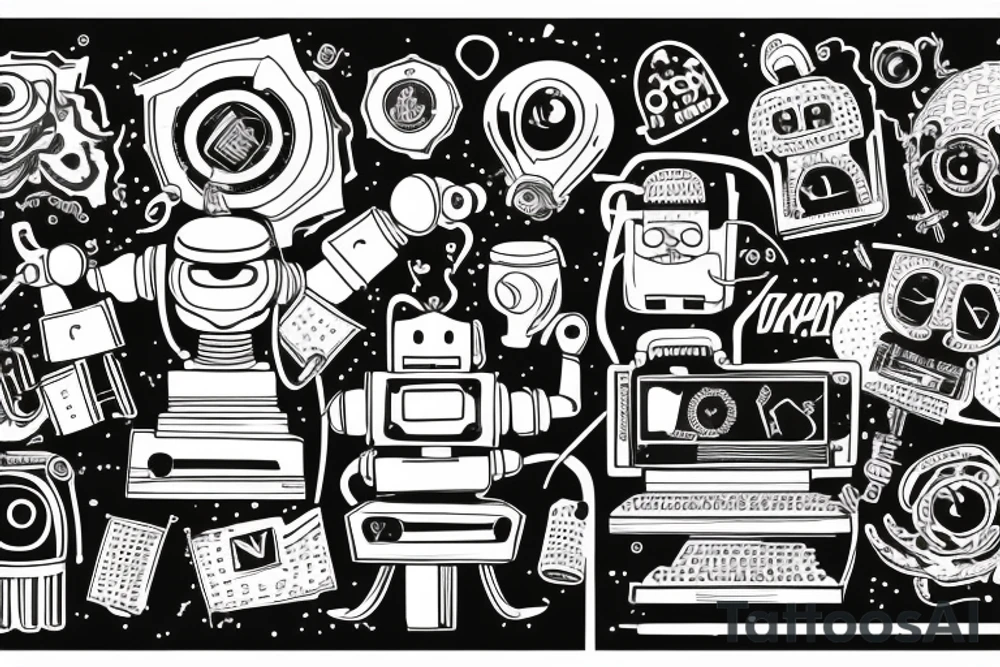 A detailed illustration of a robot hand typing on a keyboard tattoo idea
