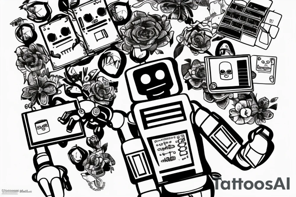 A detailed illustration of a robot hand typing on a keyboard tattoo idea