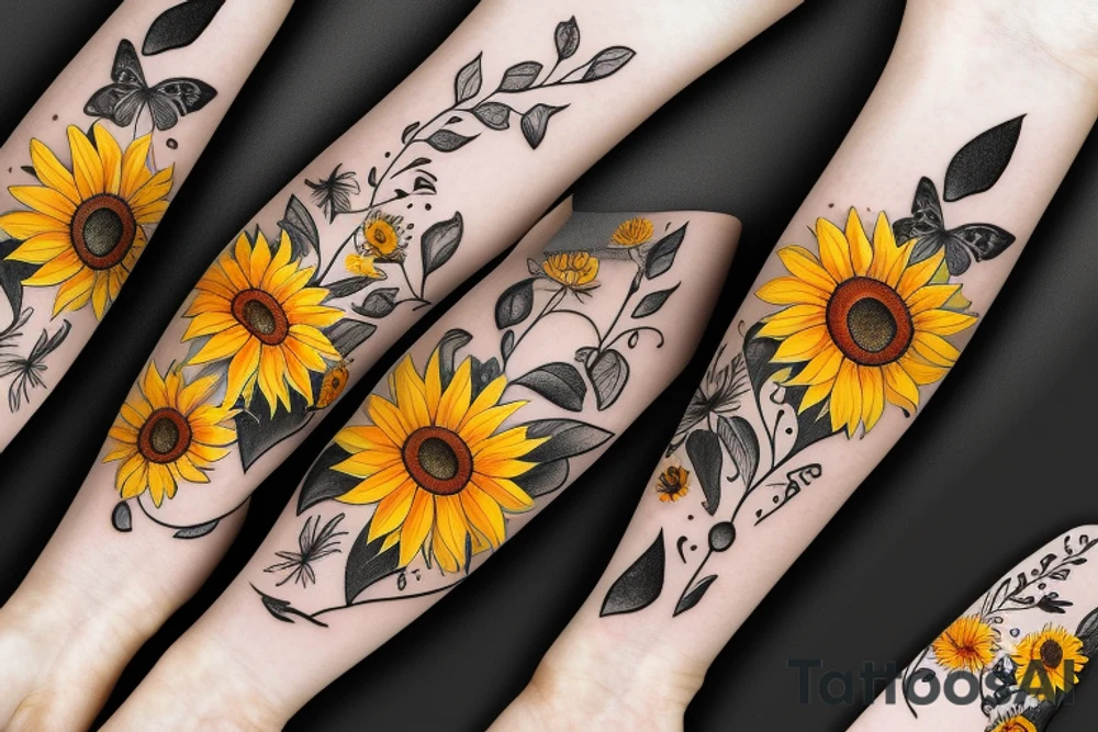 Sunflowers with butterflies and paw prints tattoo idea