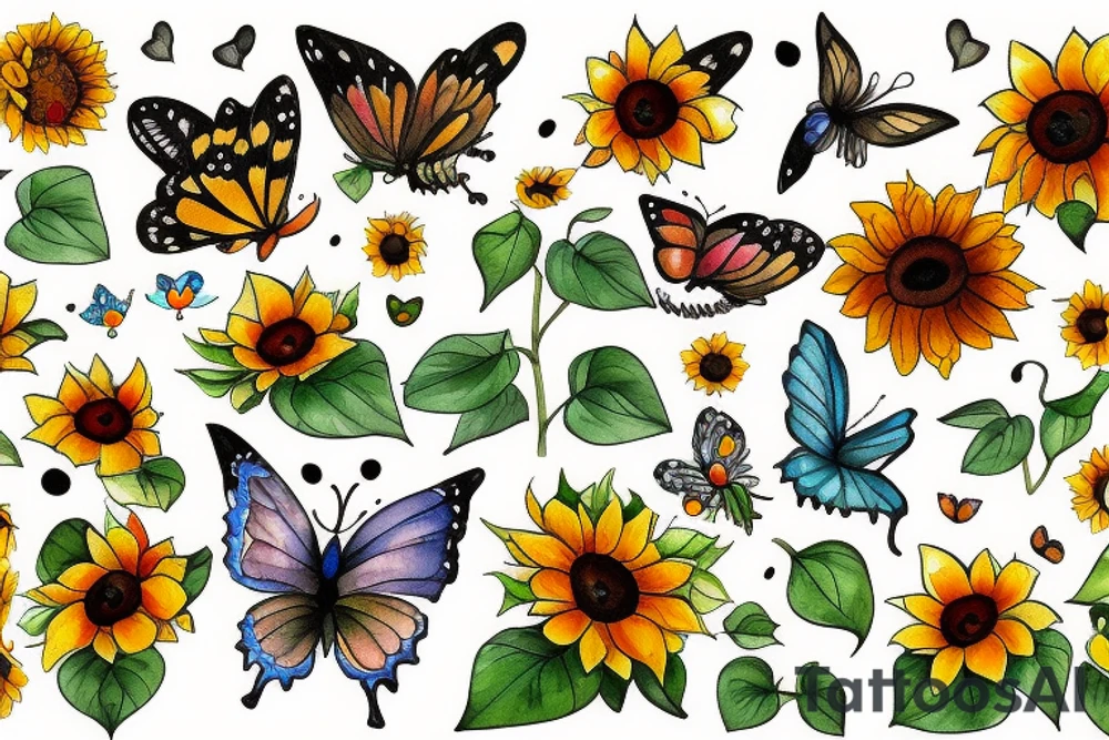 Sunflowers with butterflies with paw prints tattoo idea