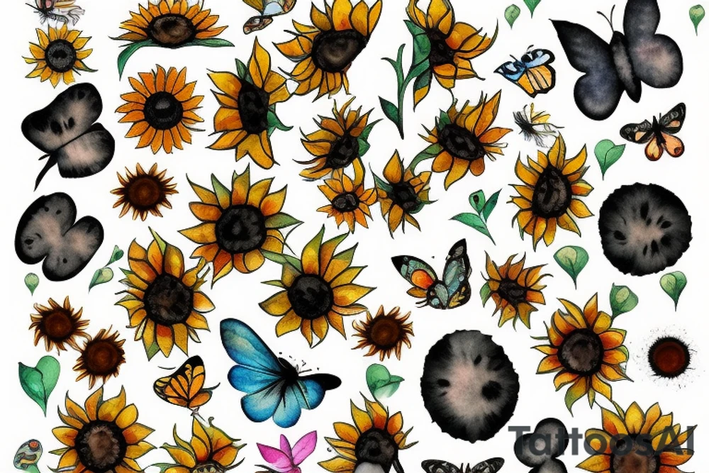 Sunflowers with butterflies with paw prints tattoo idea