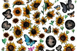 Sunflowers with butterflies with paw prints tattoo idea
