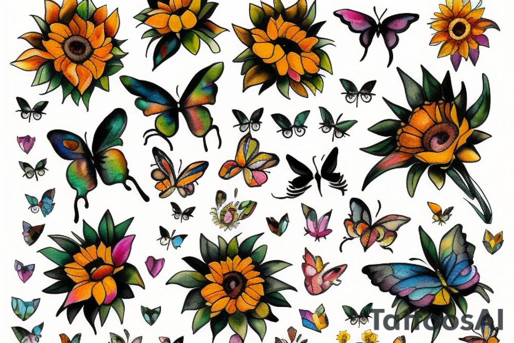 Sunflowers butterflies with paw prints tattoo idea