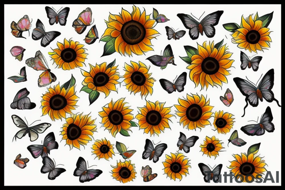 Sunflowers with paw prints and butterflies tattoo idea