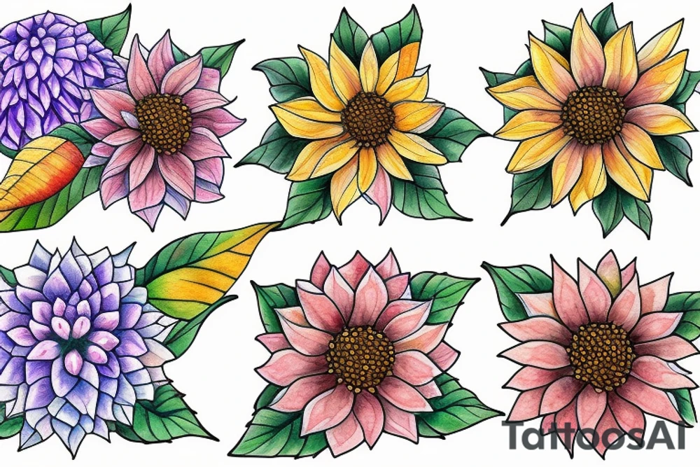 Dahlia, hydrangea, sunflower, dragonfly, tattoo idea
