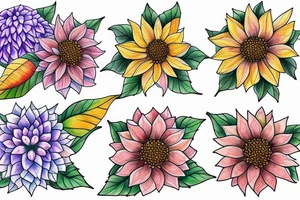 Dahlia, hydrangea, sunflower, dragonfly, tattoo idea