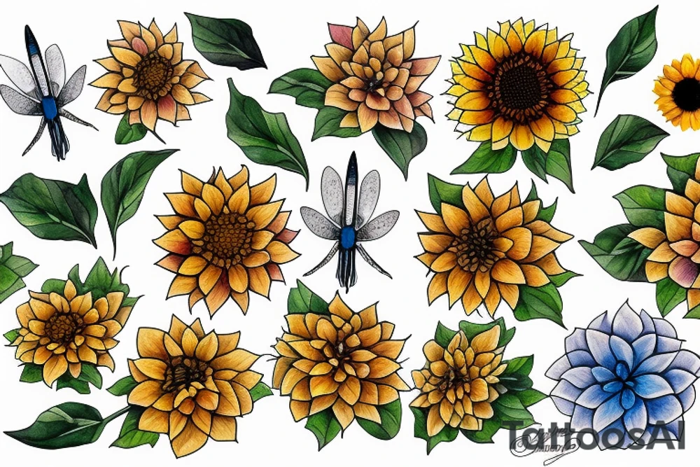 Dahlia, hydrangea, sunflower, dragonfly, tattoo idea