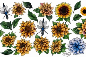 Dahlia, hydrangea, sunflower, dragonfly, tattoo idea