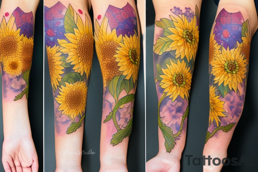 Dahlia, hydrangea, sunflower, dragonfly arm sleeve tattoo idea
