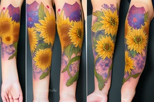 Dahlia, hydrangea, sunflower, dragonfly arm sleeve tattoo idea