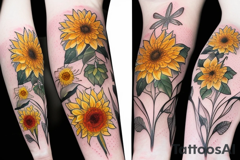 Dahlia, hydrangea, sunflower, dragonfly arm sleeve tattoo idea