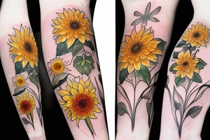 Dahlia, hydrangea, sunflower, dragonfly arm sleeve tattoo idea