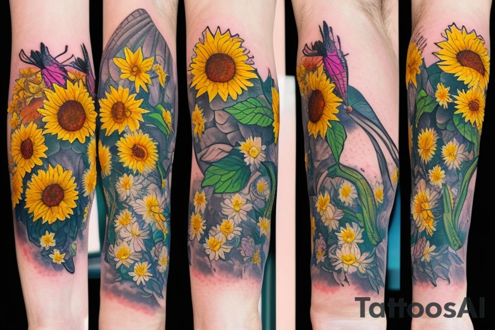 Dahlia, hydrangea, sunflower, dragonfly arm sleeve tattoo idea