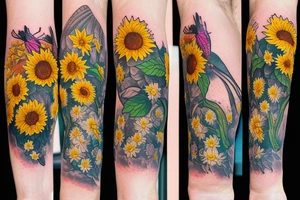 Dahlia, hydrangea, sunflower, dragonfly arm sleeve tattoo idea