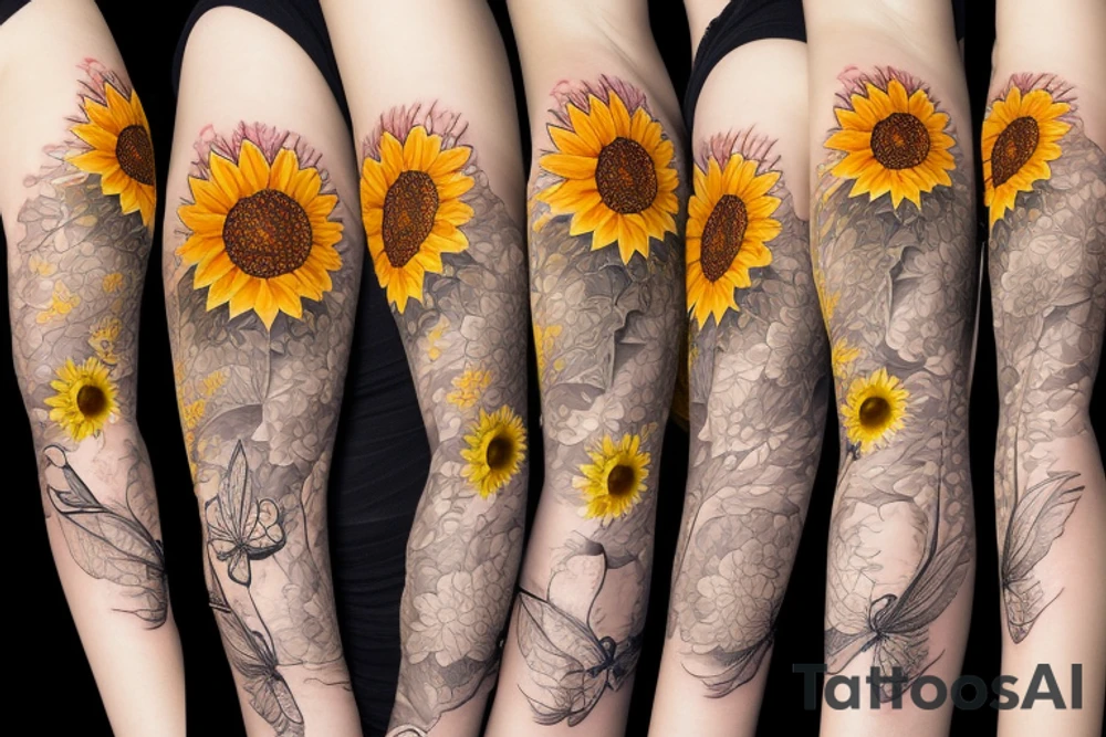 Dahlia, hydrangea, sunflower, dragonfly arm sleeve tattoo idea