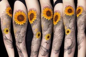 Dahlia, hydrangea, sunflower, dragonfly arm sleeve tattoo idea