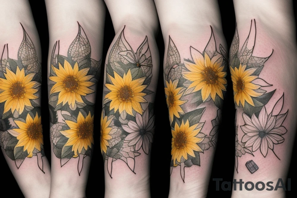 Dahlia, hydrangea, sunflower, dragonfly arm sleeve tattoo idea
