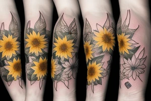 Dahlia, hydrangea, sunflower, dragonfly arm sleeve tattoo idea