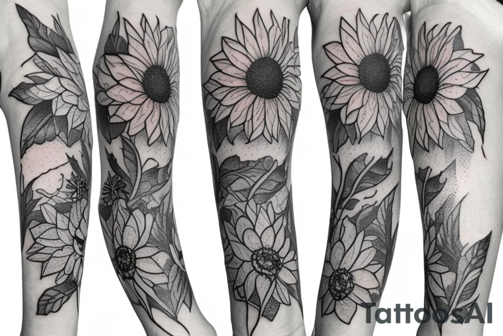 Dahlia, hydrangea, sunflower, dragonfly arm sleeve tattoo idea