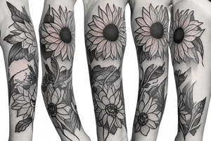 Dahlia, hydrangea, sunflower, dragonfly arm sleeve tattoo idea