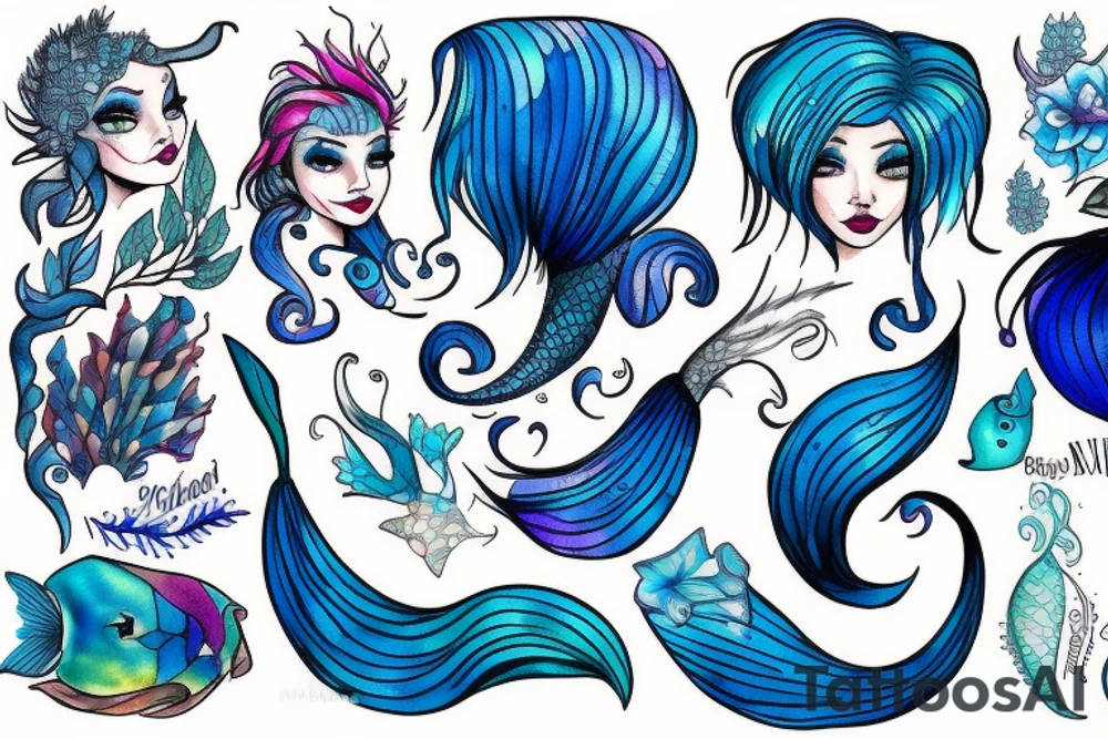 Blue haired mermaid tattoo idea