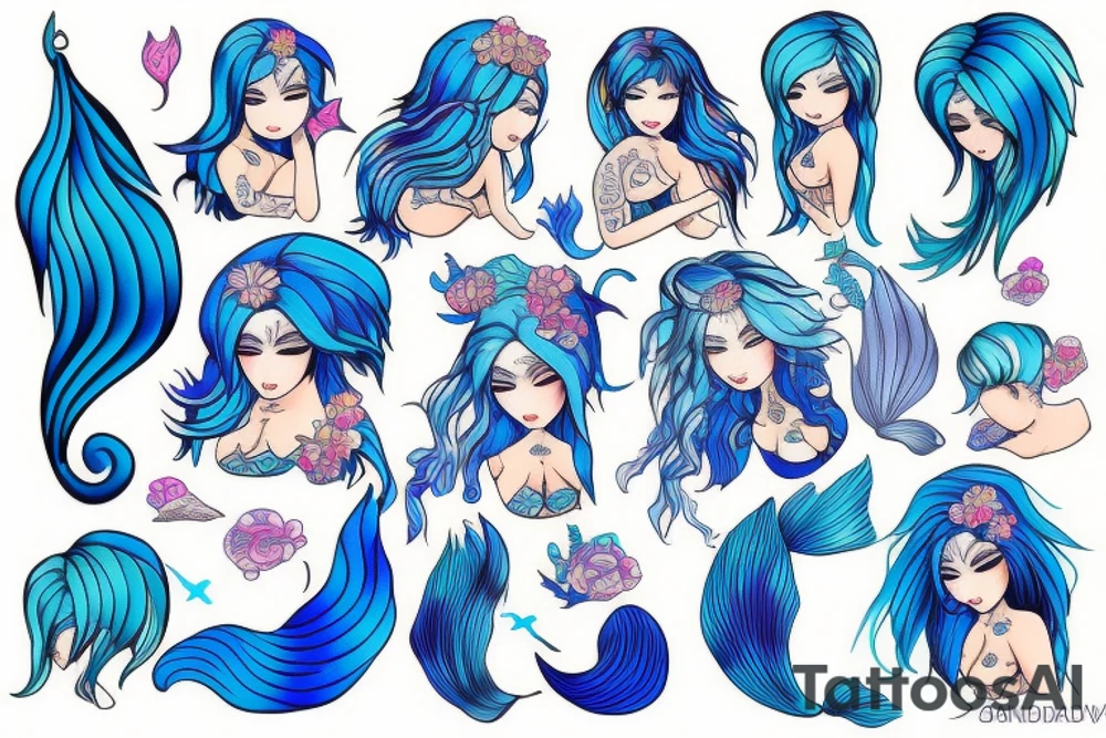 Blue haired mermaid tattoo idea