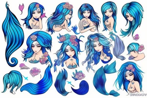 Blue haired mermaid tattoo idea