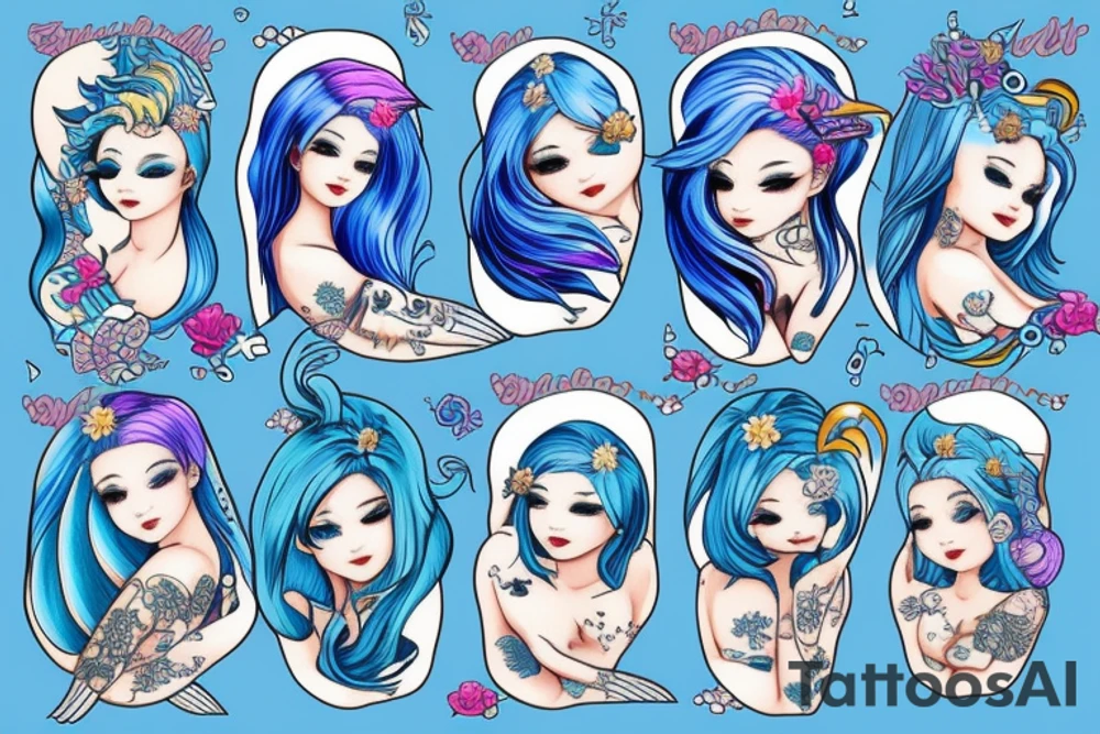 Blue haired mermaid tattoo idea