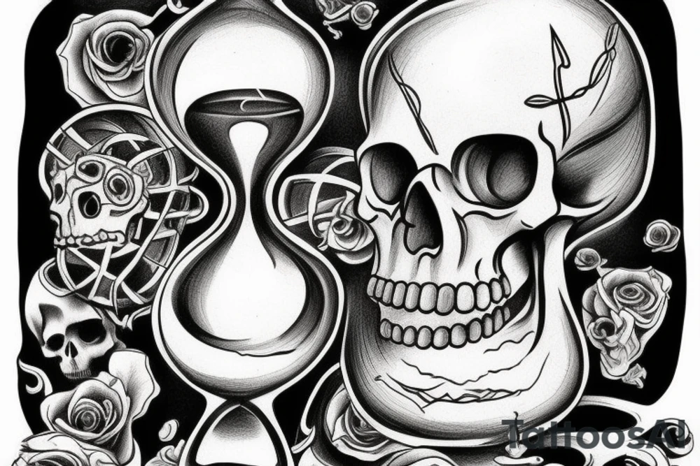 Hourglass represents life, and a skull in the bottom of the hourglass being covered in sand. tattoo idea