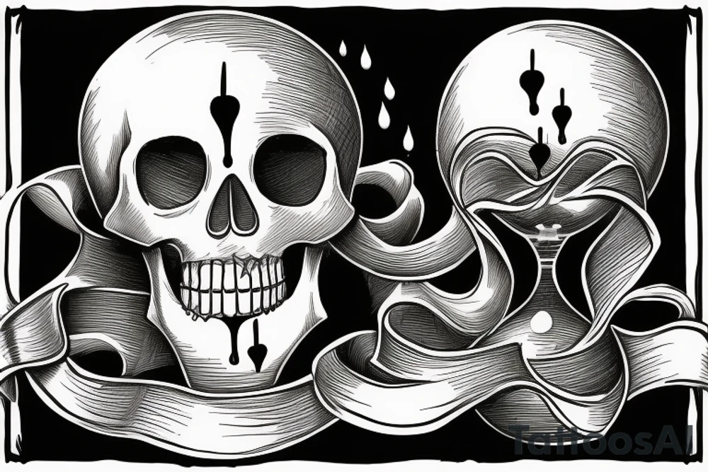 surreal sketch of an hourglass dripping on a skull with ribbon around the hourglass saying "Memento Mori" tattoo idea
