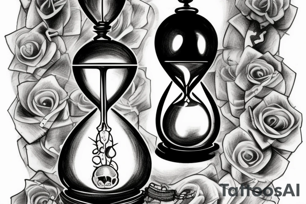 surreal sketch of an hourglass dripping on a skull with ribbon around the hourglass saying "Memento Mori" tattoo idea