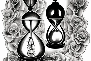 surreal sketch of an hourglass dripping on a skull with ribbon around the hourglass saying "Memento Mori" tattoo idea