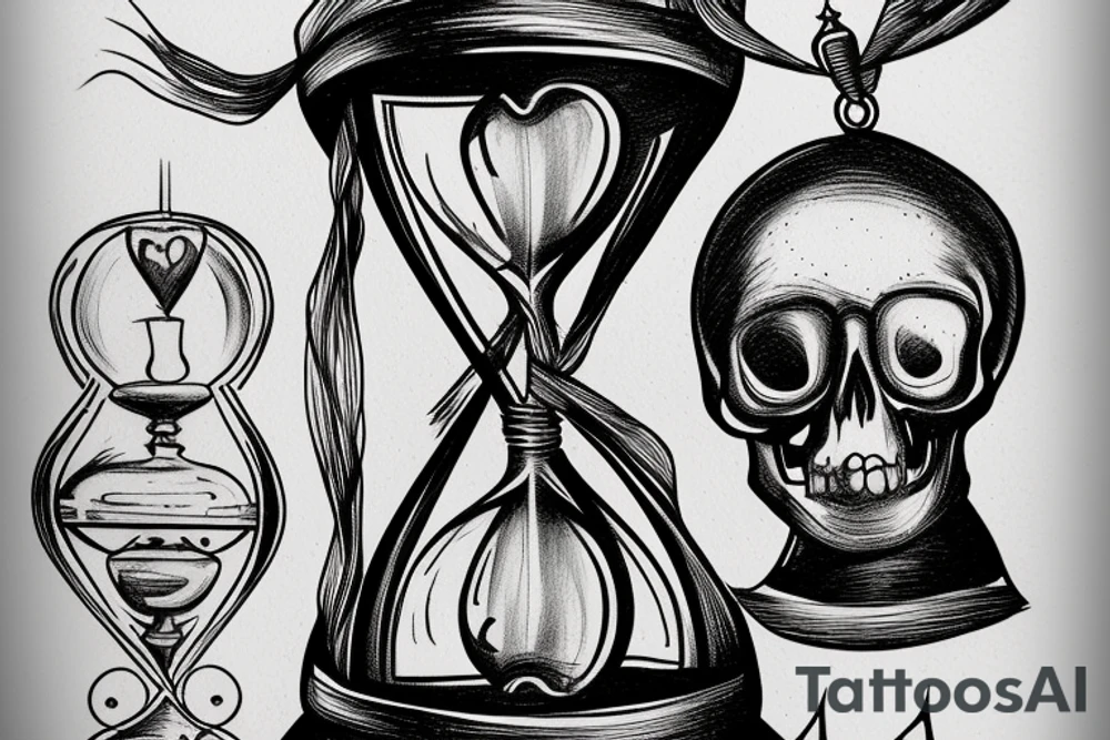surreal sketch of an hourglass dripping on a skull with ribbon around the hourglass saying "Memento Mori" tattoo idea
