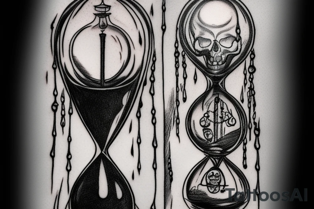 surreal sketch of an hourglass dripping on a skull with ribbon around the hourglass saying "Memento Mori" tattoo idea