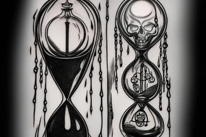 surreal sketch of an hourglass dripping on a skull with ribbon around the hourglass saying "Memento Mori" tattoo idea