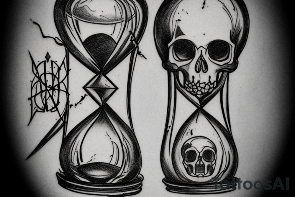 surreal sketch of an hourglass dripping on a skull with ribbon around the hourglass saying "Memento Mori" tattoo idea