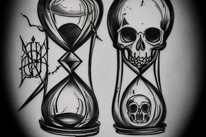 surreal sketch of an hourglass dripping on a skull with ribbon around the hourglass saying "Memento Mori" tattoo idea