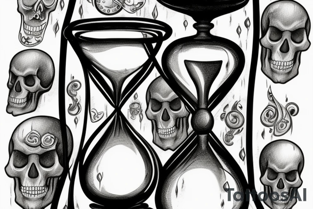 surreal sketch of an hourglass dripping on a skull with ribbon around the hourglass saying "Memento Mori" tattoo idea