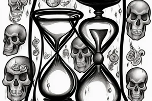 surreal sketch of an hourglass dripping on a skull with ribbon around the hourglass saying "Memento Mori" tattoo idea