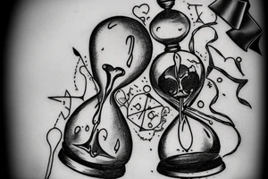 surreal sketch of an hourglass dripping on a skull with ribbon around the hourglass saying "Memento Mori" tattoo idea