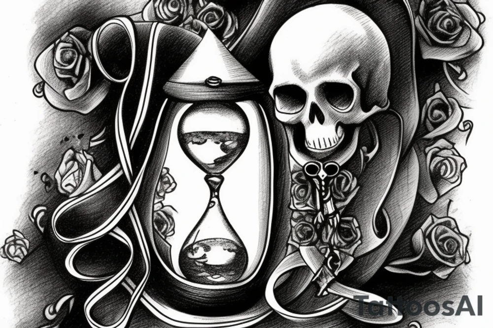 surreal sketch of an hourglass dripping on a skull with ribbon around the hourglass saying "Memento Mori" tattoo idea