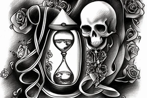 surreal sketch of an hourglass dripping on a skull with ribbon around the hourglass saying "Memento Mori" tattoo idea