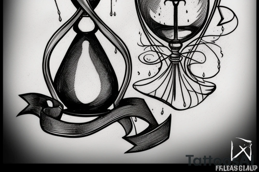 surreal sketch of an hourglass dripping on a skull with ribbon around the hourglass saying "Memento Mori" tattoo idea