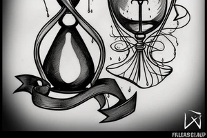 surreal sketch of an hourglass dripping on a skull with ribbon around the hourglass saying "Memento Mori" tattoo idea