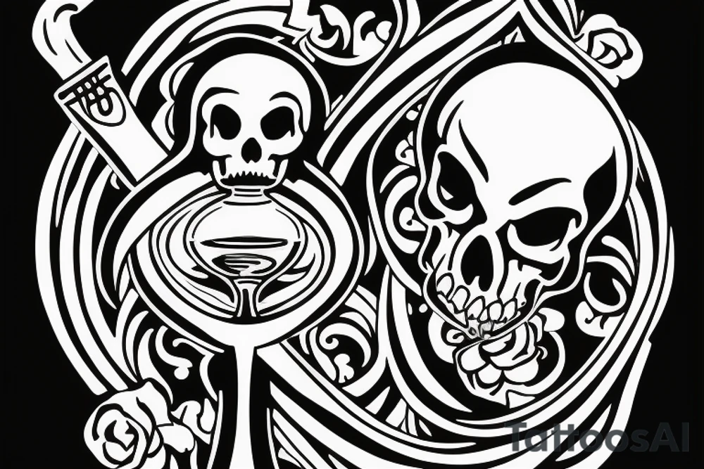 Grim Reaper holding an hourglass with a skull in the bottom of it saying memento mori. tattoo idea