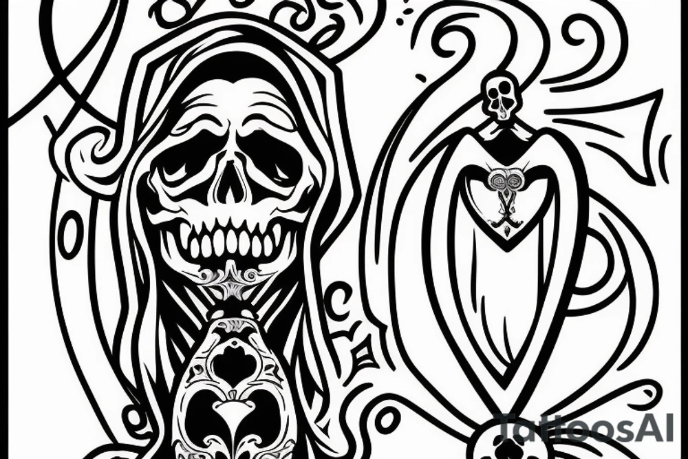 Grim Reaper holding an hourglass with a skull in the bottom of it saying memento mori. tattoo idea