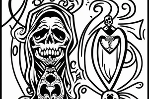 Grim Reaper holding an hourglass with a skull in the bottom of it saying memento mori. tattoo idea