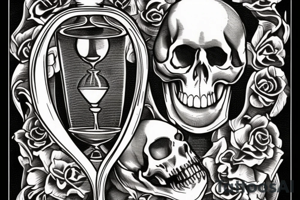 Grim Reaper holding an hourglass with a skull in the bottom of it saying memento mori. tattoo idea