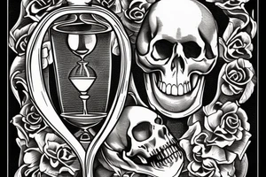 Grim Reaper holding an hourglass with a skull in the bottom of it saying memento mori. tattoo idea