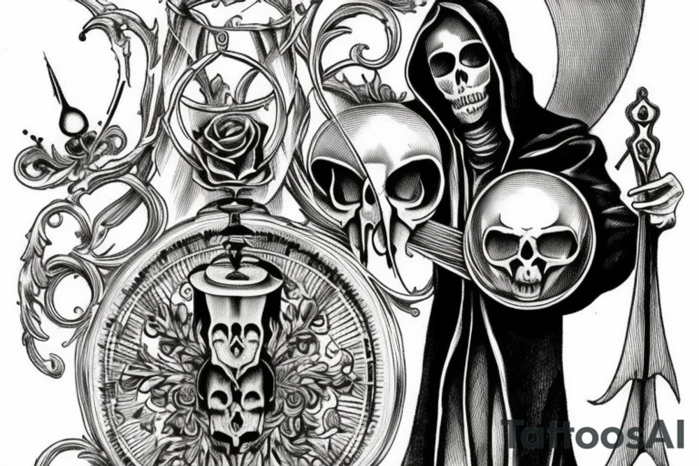 Grim Reaper holding an hourglass with a skull in the bottom of it saying memento mori. tattoo idea
